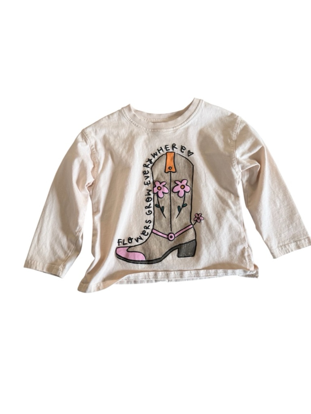 Zara Cream Long Sleeve Tee with Pink & Black Floral Cowboy Boot
